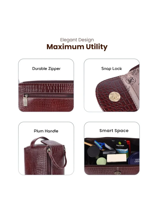 HAMMONDS FLYCATCHER  Genuine Leather Toiletry Bag for Men and Women - Travel Organizer Pouch, Shaving Kit Bag for Men, Cosmetic Organizer Bag, Toiletry Pouch for Men with Multiple Pockets - TC4005 Croc Brown  | Best Price UAE
